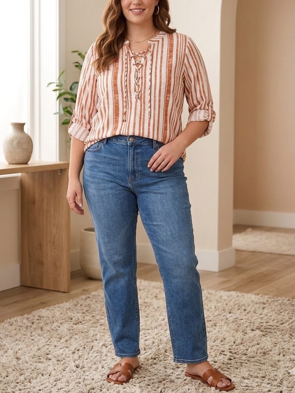 🔥$10 FINAL PRICE🔥 Eden & Olivian Rust Striped Lace Up Roll Tab Sleeve Blouse❤️